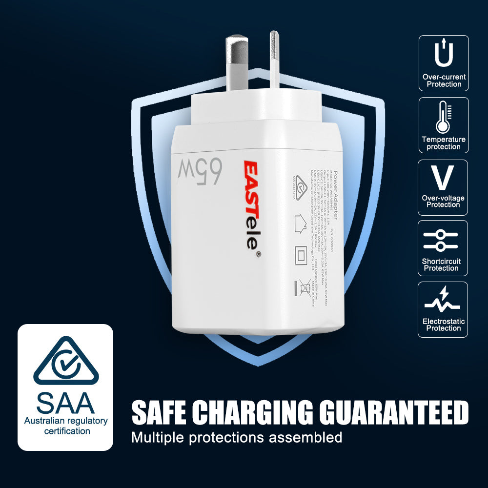 EASTele 65W USB-C USB A Type-C Fast Charge Power Adapter AC Wall Charger