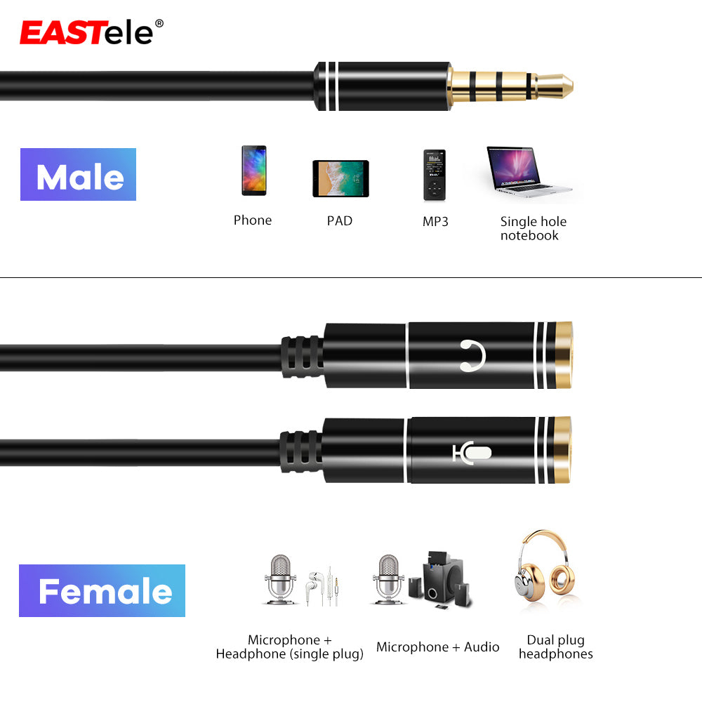 AUX Splitter Cable 3.5mm Male To MIC & Audio Headphone Earphone Female Adapter